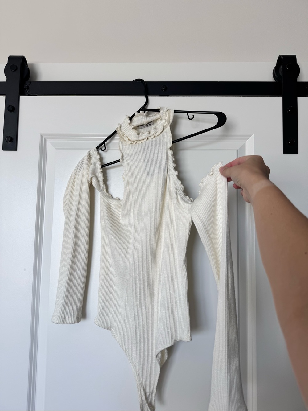 Fashion Nova Ivory Ribbed Cold-Shoulder Mock Neck Bodysuit